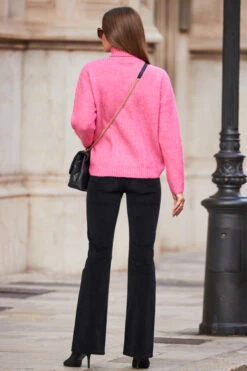 Bright Pink Chevron Roll Neck Ribbed Jumper -Sosandar Fashion Store web rt 84 a22tk484pk0008 205