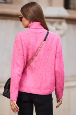 Bright Pink Chevron Roll Neck Ribbed Jumper -Sosandar Fashion Store web rt 84 a22tk484pk0008 237
