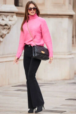 Bright Pink Chevron Roll Neck Ribbed Jumper -Sosandar Fashion Store web rt 84 a22tk484pk0008 245