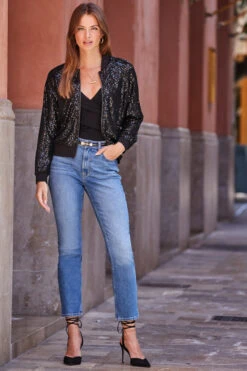 Black Sequin Bomber Jacket -Sosandar Fashion Store web rt 91 s22ow023bk0001 006 1 1