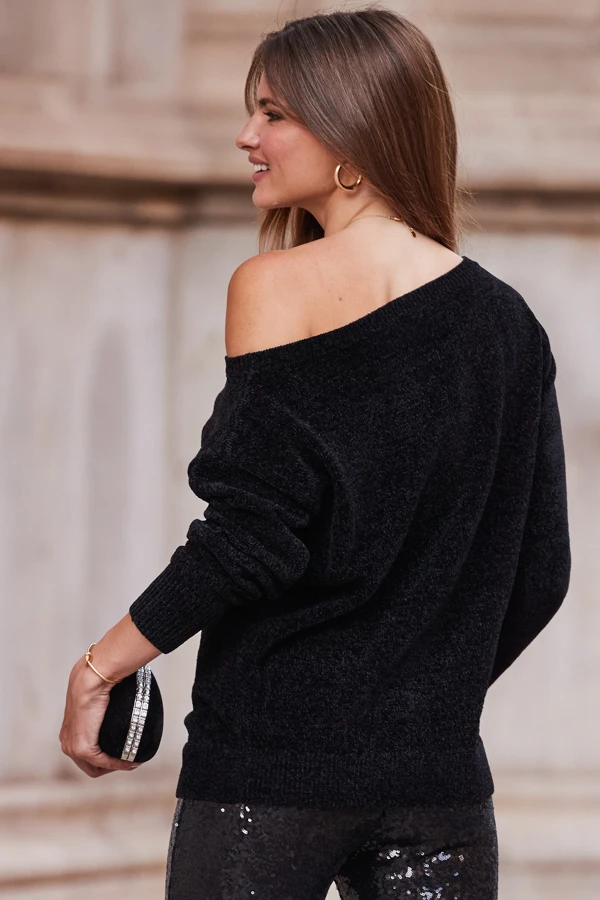 Black Off The Shoulder Chenille Jumper 5 Black Off The Shoulder Chenille Jumper - Image 3