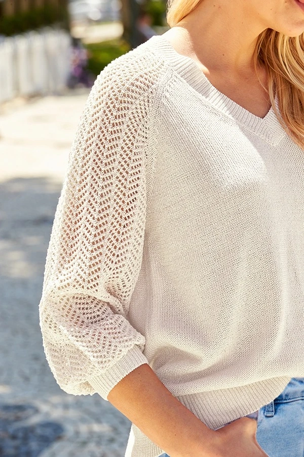 Ivory Pointelle Sleeve V Neck Jumper 6 Ivory Pointelle Sleeve V Neck Jumper - Image 4