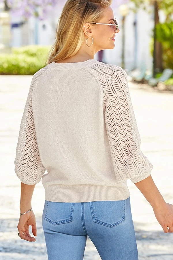 Ivory Pointelle Sleeve V Neck Jumper 7 Ivory Pointelle Sleeve V Neck Jumper - Image 5