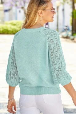 Aqua Pointelle Sleeve V Neck Jumper -Sosandar Fashion Store web s19 s21tk350pk a20bd095we a21ac005bn 157 rt 1