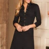 Black Popper Front 3/4 Sleeve Stretch Denim Dress 2 Black Popper Front 3/4 Sleeve Stretch Denim Dress -Sosandar Fashion Store web s19ds142bk 1304