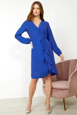 Blue Ruffle Detail Faux Wrap Dress -Sosandar Fashion Store web s20dw161be0001 3