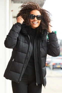 Black Faux Fur Trim Luxe Padded Coat -Sosandar Fashion Store web s20ow012 5751410