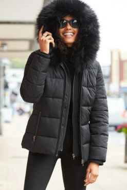 Black Faux Fur Trim Luxe Padded Coat -Sosandar Fashion Store web s20ow012 5754712
