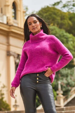 Magenta Roll Neck Super Soft Knitted Jumper -Sosandar Fashion Store web s21tk375pk0015 a23bl002bk0001 23 025