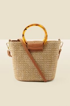 Natural Raffia Tortoiseshell Hoop Bag With Cross Body Strap -Sosandar Fashion Store web s22ac007nl 1