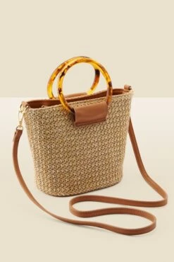 Natural Raffia Tortoiseshell Hoop Bag With Cross Body Strap