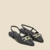 Black Leather Pointed Toe Flat Slingback Shoe With Gold Trim