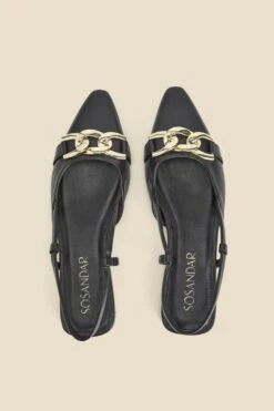 Black Leather Pointed Toe Flat Slingback Shoe With Gold Trim -Sosandar Fashion Store web s24fw042bk0001 c