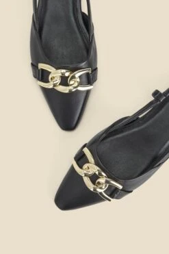 Black Leather Pointed Toe Flat Slingback Shoe With Gold Trim -Sosandar Fashion Store web s24fw042bk0001 d