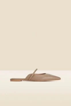 Taupe Leather Pointed Toe Strap Detail Flat Mules -Sosandar Fashion Store web s24fw044bn0003 a