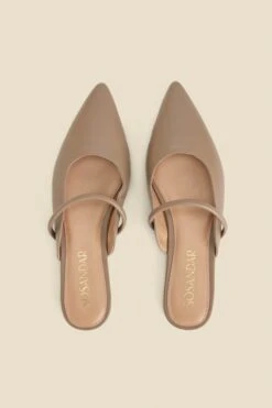 Taupe Leather Pointed Toe Strap Detail Flat Mules -Sosandar Fashion Store web s24fw044bn0003 c