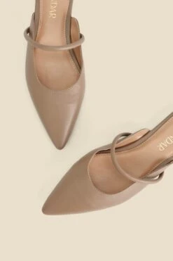 Taupe Leather Pointed Toe Strap Detail Flat Mules -Sosandar Fashion Store web s24fw044bn0003 d