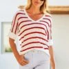 Red & White Striped Tab Sleeve Linen Blend T-Shirt -Sosandar Fashion Store web s27 s20bd002gn s21tk341rdwe01 ss19or01in 027 rc