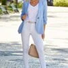 Pastel Blue Linen Ruched Sleeve Blazer -Sosandar Fashion Store web s27 s25ow021be0002 s21dw162we s21dd024be 047 rc