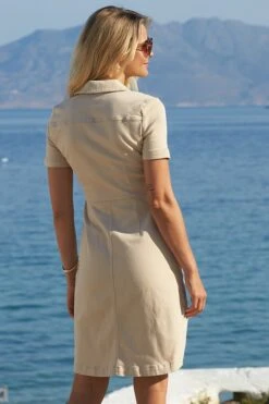 Ecru Short Sleeve Zip Front Denim Dress With Pockets -Sosandar Fashion Store web s4 s24dd043eu0001 1038 rc