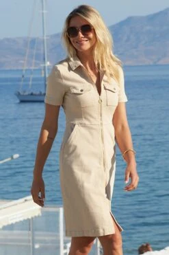 Ecru Short Sleeve Zip Front Denim Dress With Pockets -Sosandar Fashion Store web s4 s24dd043eu0001 941 rc