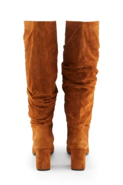 Cognac Brown Suede Pull On Knee High Boot -Sosandar Fashion Store web sa18fw10 cognac suede pull on boot 03