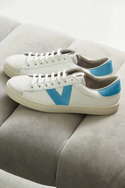 Victoria Turquoise V Detail Leather Trainers -Sosandar Fashion Store web shoes 078 blue rt