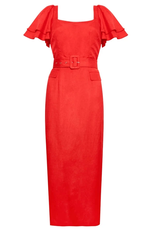 Orange Linen Blend Ruffle Sleeve Belted Midi Dress 9 Orange Linen Blend Ruffle Sleeve Belted Midi Dress - Image 7