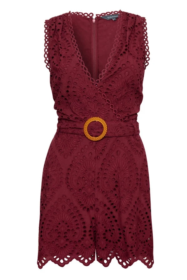 Petite Burgundy Broderie Wrap Front Playsuit 8 Petite Burgundy Broderie Wrap Front Playsuit - Image 6