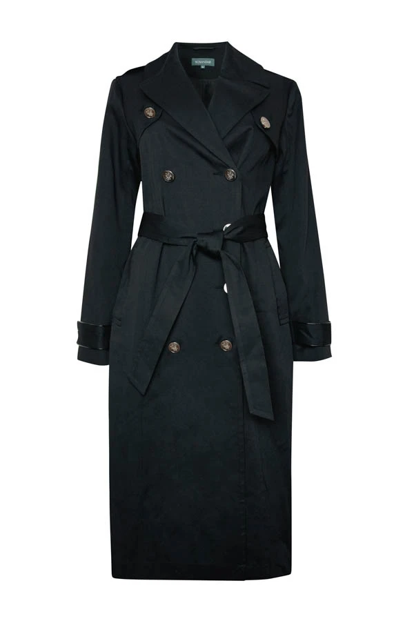 Black Longline Trench Coat With Faux Leather Trim 9 Black Longline Trench Coat With Faux Leather Trim - Image 7