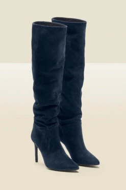 Navy Blue Belle Suede Heeled Slouch High Leg Boot 11 Navy Blue Belle Suede Heeled Slouch High Leg Boot -Sosandar Fashion Store web sosandar kneehighblack angle navy rt 1