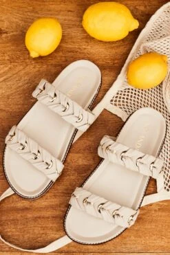 Ecru Leather Eyelet Detail Sandals