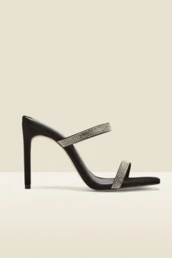 Kiera Black Suede Diamante Double Strap Square Toe Mule