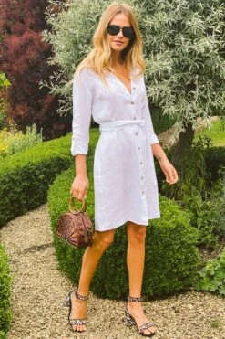 White Linen Belted Shirt Dress -Sosandar Fashion Store web whitelinen 4502